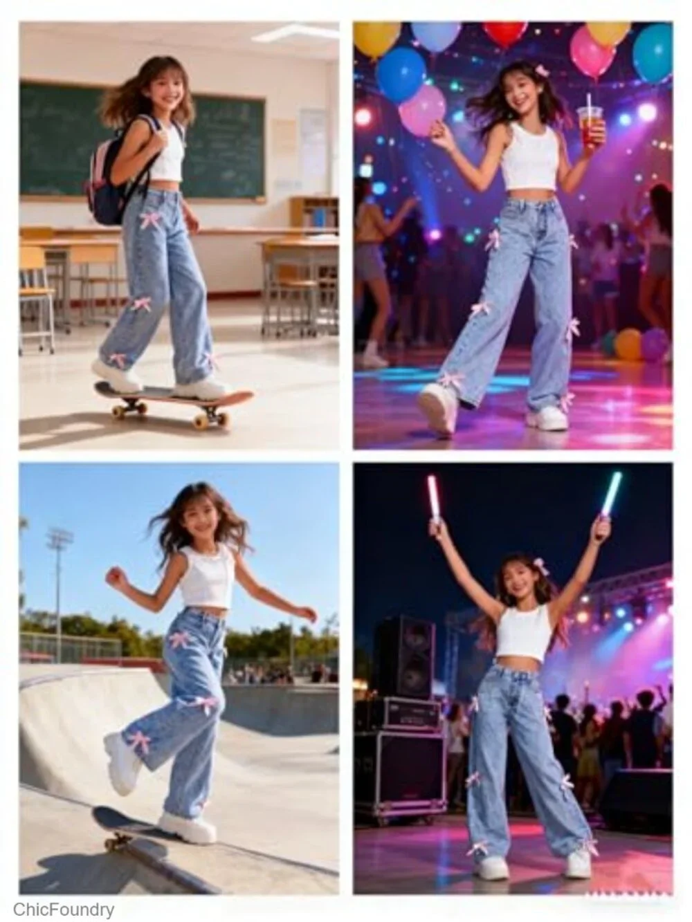 Girls Baggy Wide Leg Bow Jeans High Elastic Waist Y2K Streetwear Denim Pants